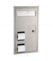 Partition-mounted, seat-cover dispenser, sanitary napkin disposal and toilet tissue dispenser